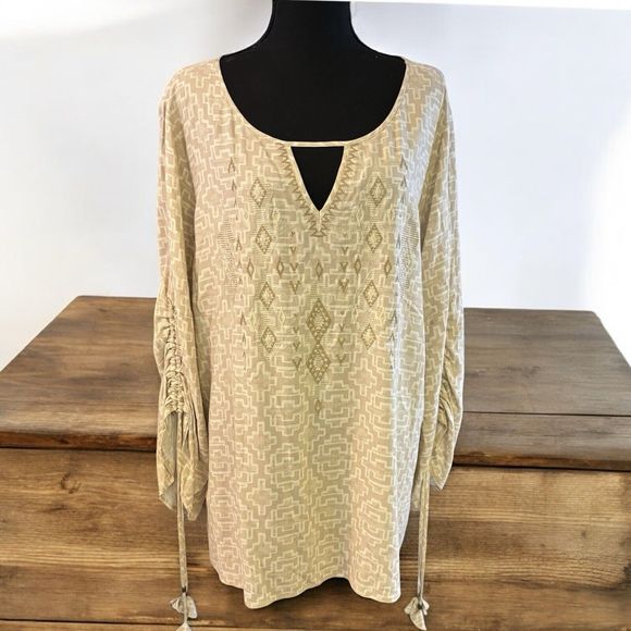 ARIAT Warrior Tunic Top Pull String Sleeves Beige Tori Print Boho - Picture 3 of 9